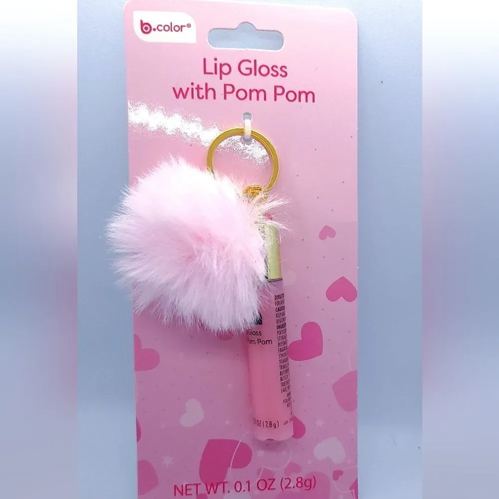 NEW Lip Gloss & Pom Pom Keychain ❤️ Shimmer Pink Furry Ball Backpack Purse Clip